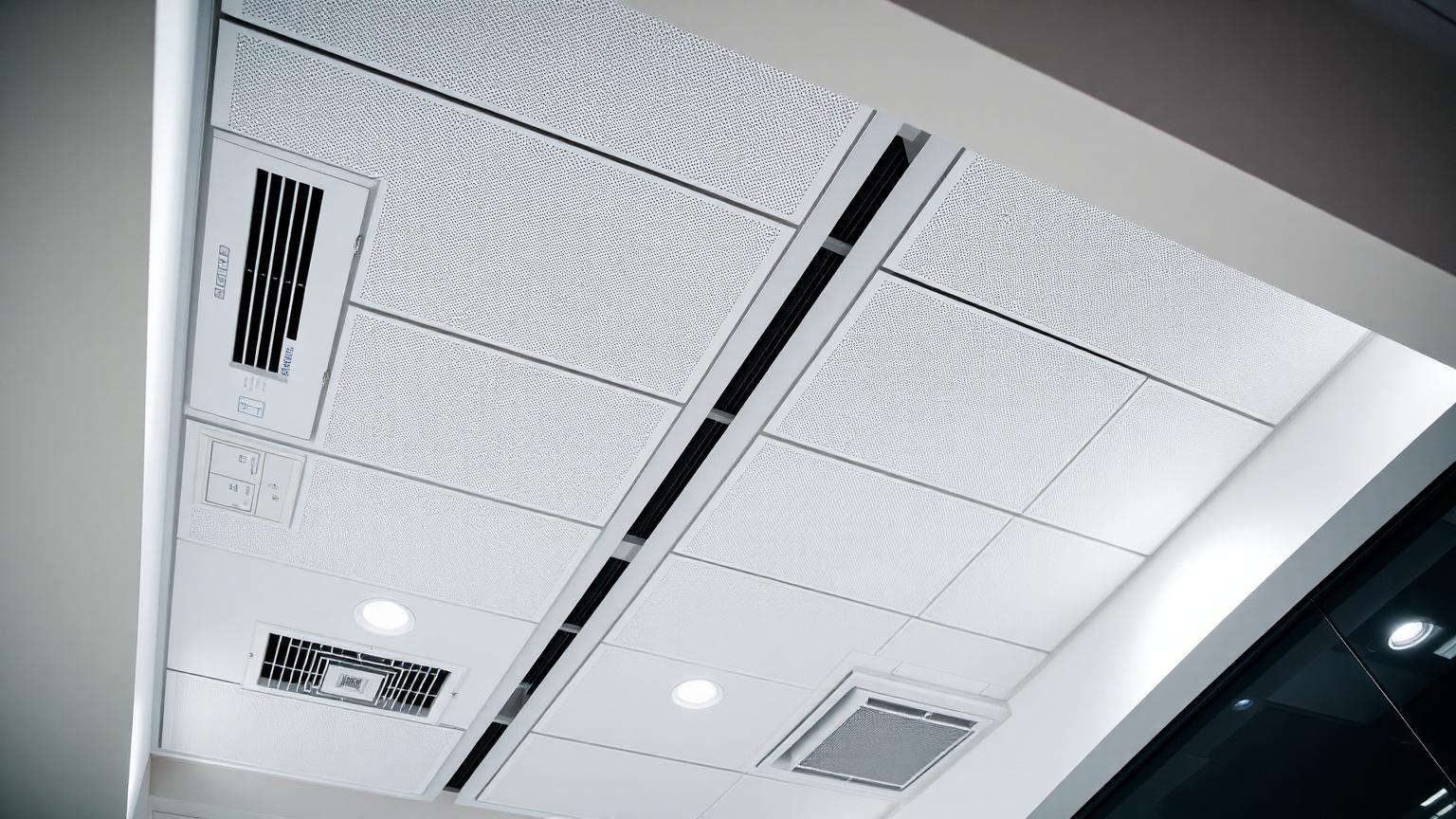 Commercial office ceiling with ventilation grilles